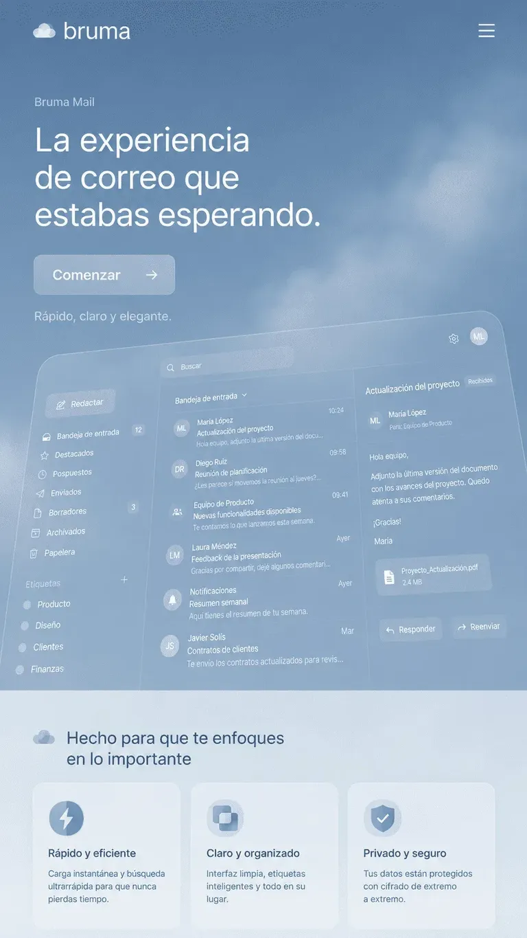 Ejemplo de diseño web tecnológico limpio en azul con interfaz desenfocada