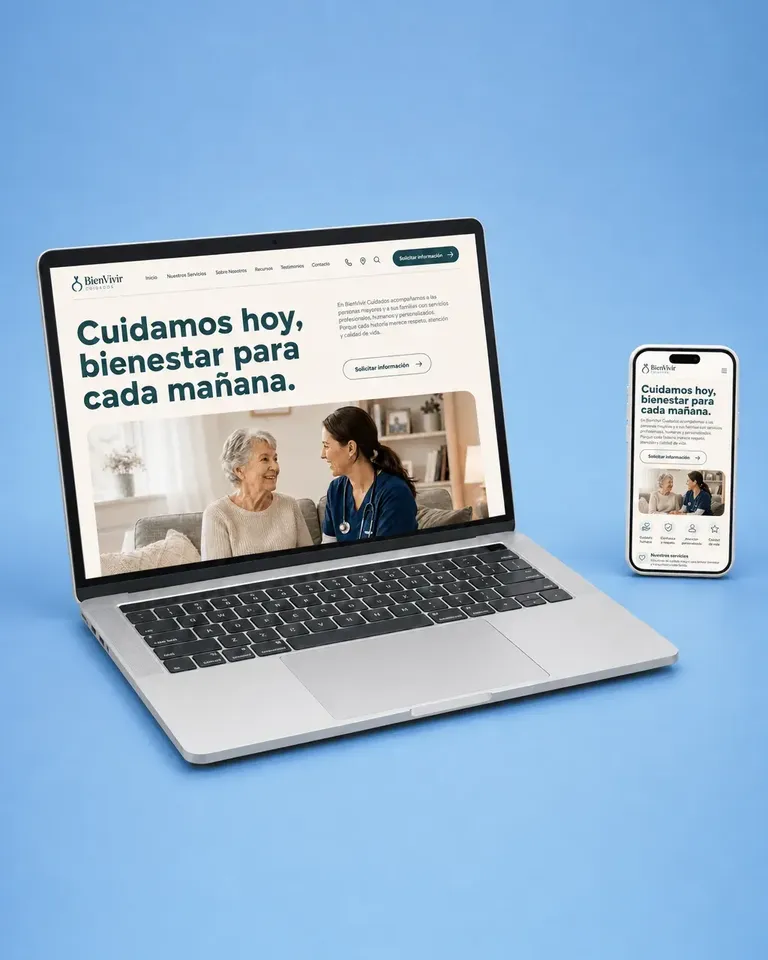Ejemplo de diseño web healthcare cálido con fotografía de cuidado y tono institucional