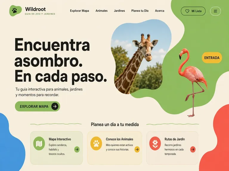 Ejemplo de diseño web guía de zoológico alegre con animales recortados, mapa interactivo y rutas por jardines