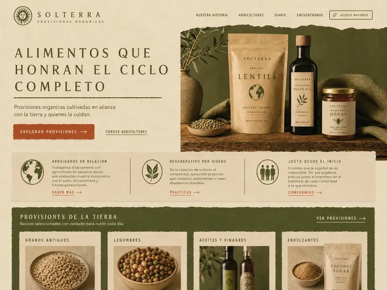 Ejemplo de diseño web marca de alimentos orgánicos con fotografía de producto, tonos tierra y narrativa de ciclo completo