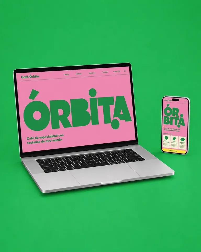 Ejemplo de diseño web pop experimental con color rosa y verde, tipografía oversized