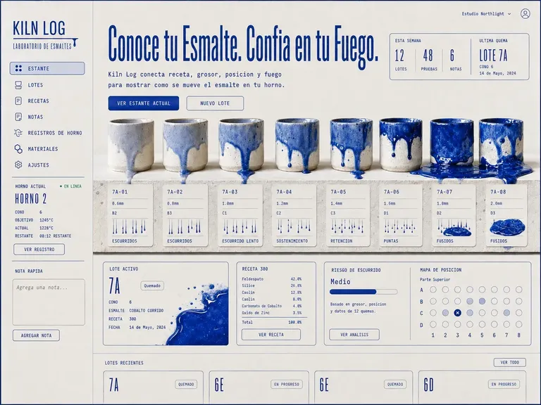 Ejemplo de diseño web catálogo de esmaltes cerámicos azul cobalto con muestras, recetas y controles de laboratorio