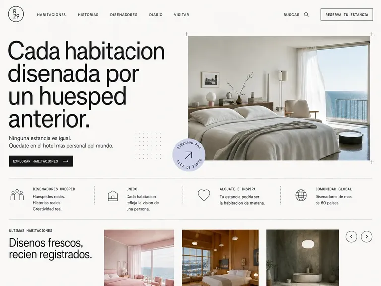 Ejemplo de diseño web directorio editorial de habitaciones diseñadas por huéspedes con fotografía sobria y aire internacional