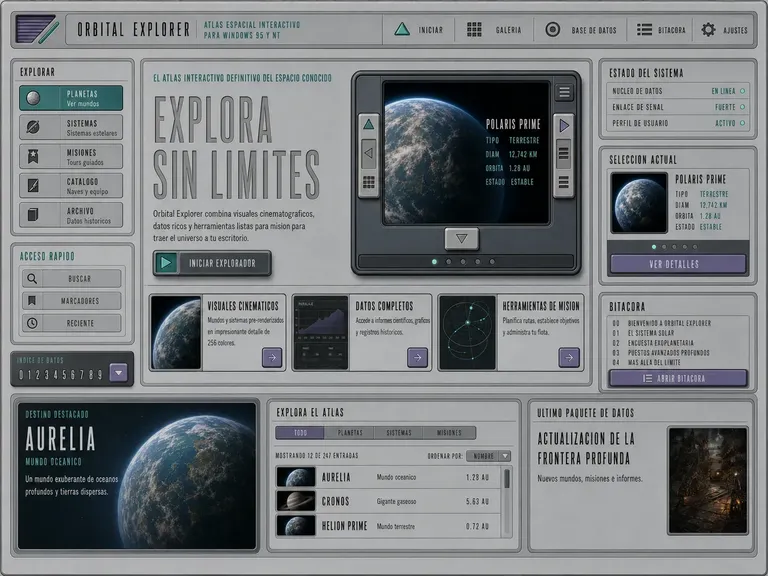Explorador orbital retrofuturista con interfaz