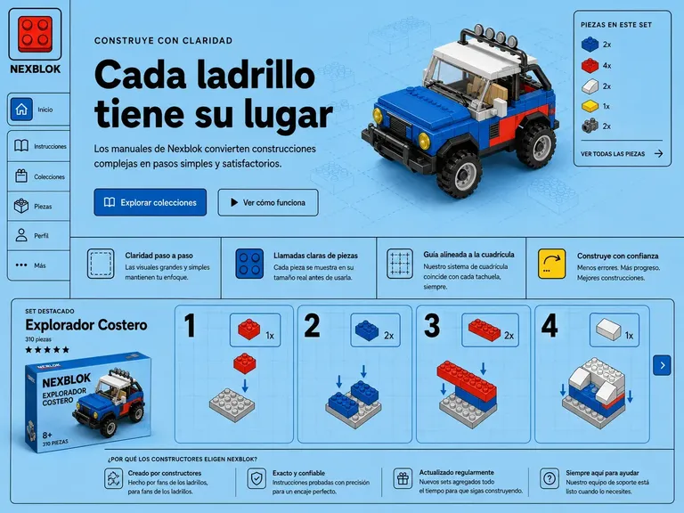Ejemplo de diseño web constructor educativo por bloques con vehículo 3D, pasos numerados y azul accesible