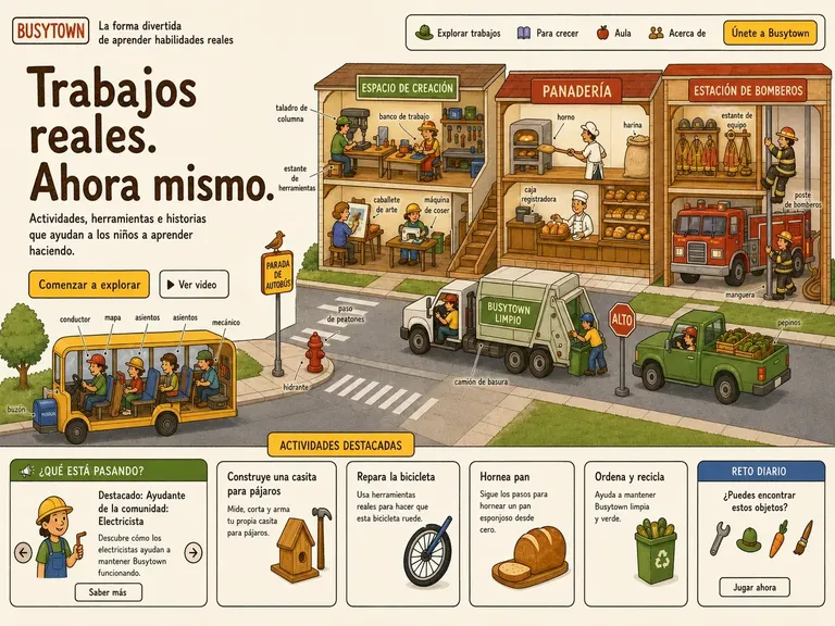 Ejemplo de diseño web explorador de oficios para niños con ciudad ilustrada, actividades y retos cotidianos