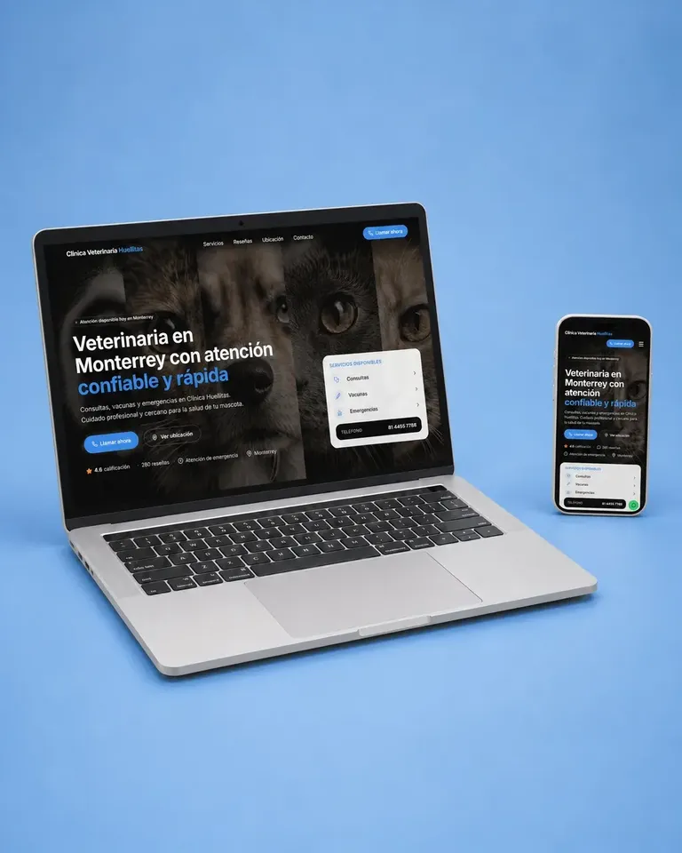 Ejemplo de diseño web veterinaria oscura con fotografía emocional y cta visible