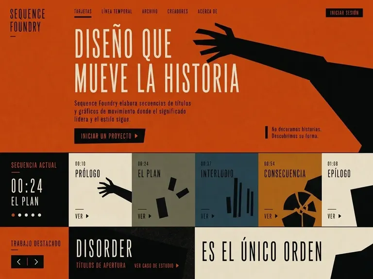 Ejemplo de diseño web estudio de títulos cinematográficos con secuencia visual, siluetas y naranja editorial