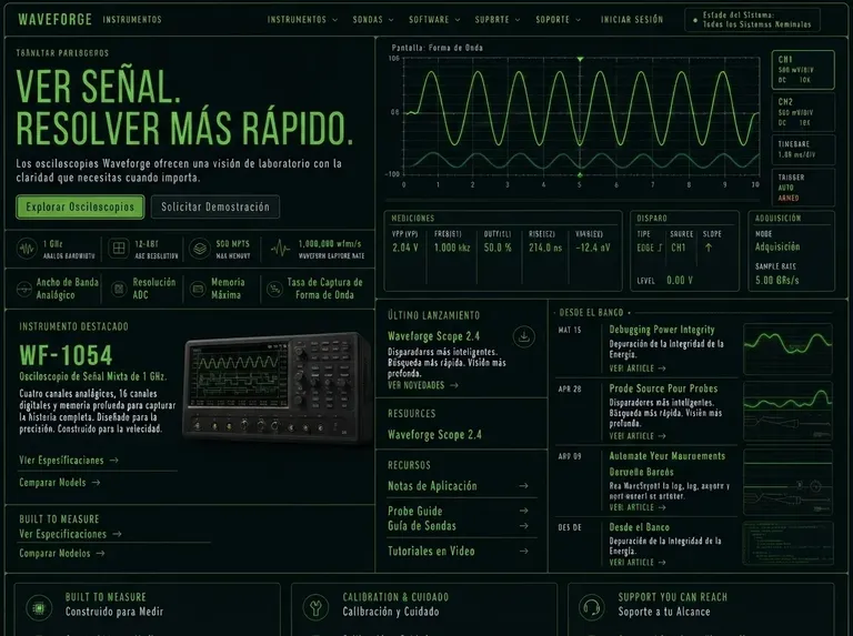 Ejemplo de diseño web laboratorio de osciloscopios y señales con gráficas verdes, hardware y fichas técnicas
