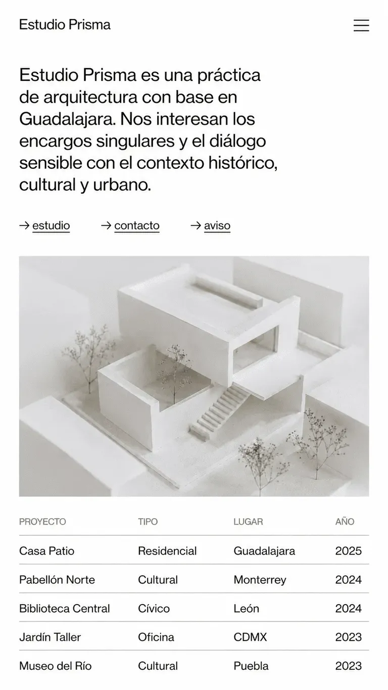 Ejemplo de diseño web minimalismo blanco con render 3d y tabla de datos