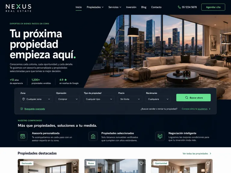 Ejemplo de diseño web portal inmobiliario oscuro y sofisticado con skyline nocturno y filtros avanzados