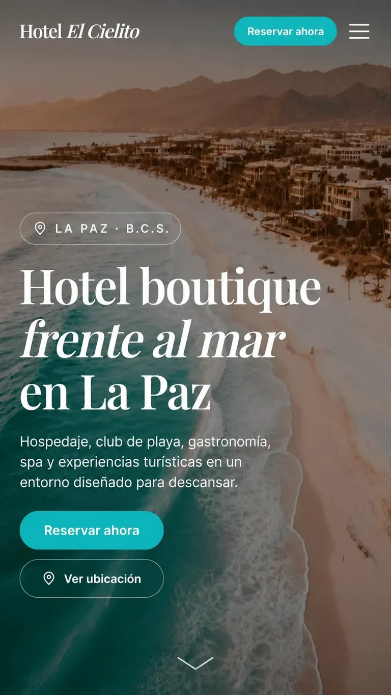 Ejemplo de diseño web hotel boutique costero con foto atmosférica y cta