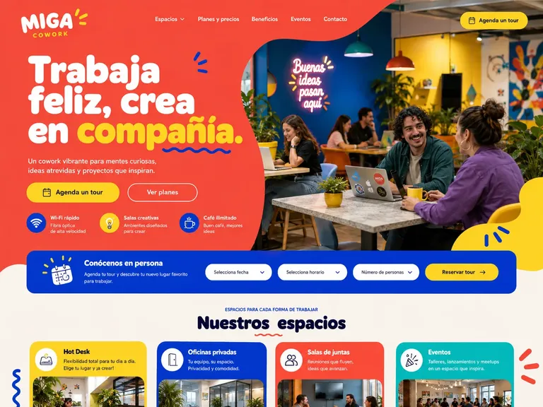 Ejemplo de diseño web coworking pop coral con formas orgánicas, tarjetas de espacios y comunidad