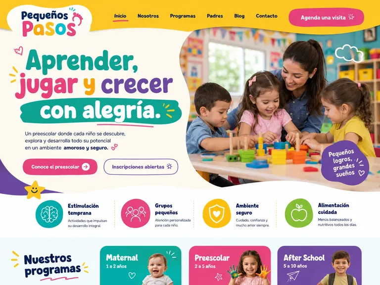 Ejemplo de diseño web preescolar vibrante con niños jugando, lettering grande y bloques multicolor