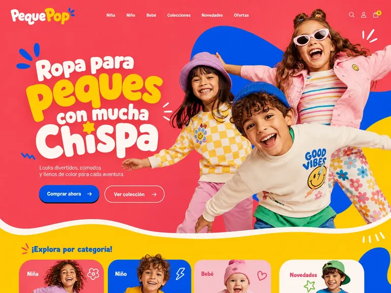 Ejemplo de diseño web ropa infantil coral y azul con lettering grande y niños en movimiento