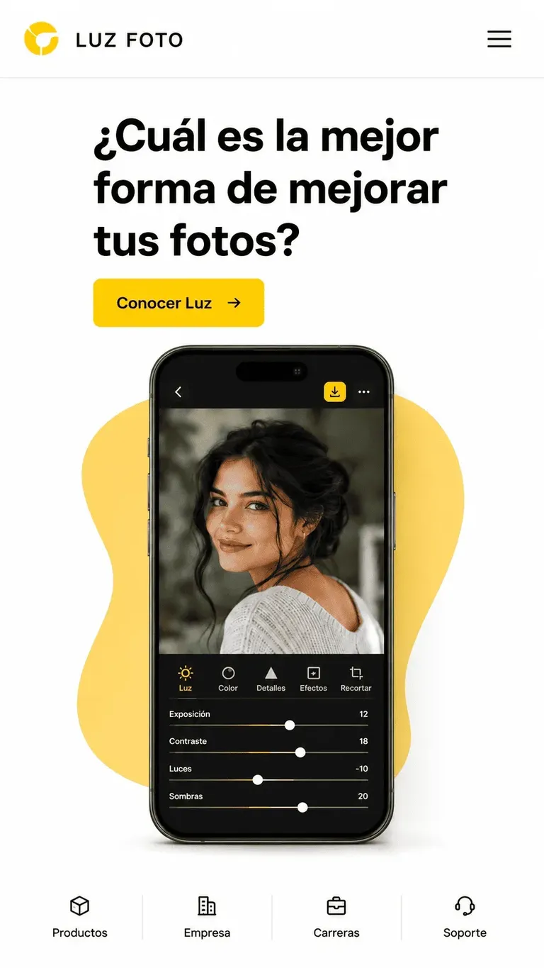 Ejemplo de diseño web educativo con acento amarillo, retrato y mockup móvil