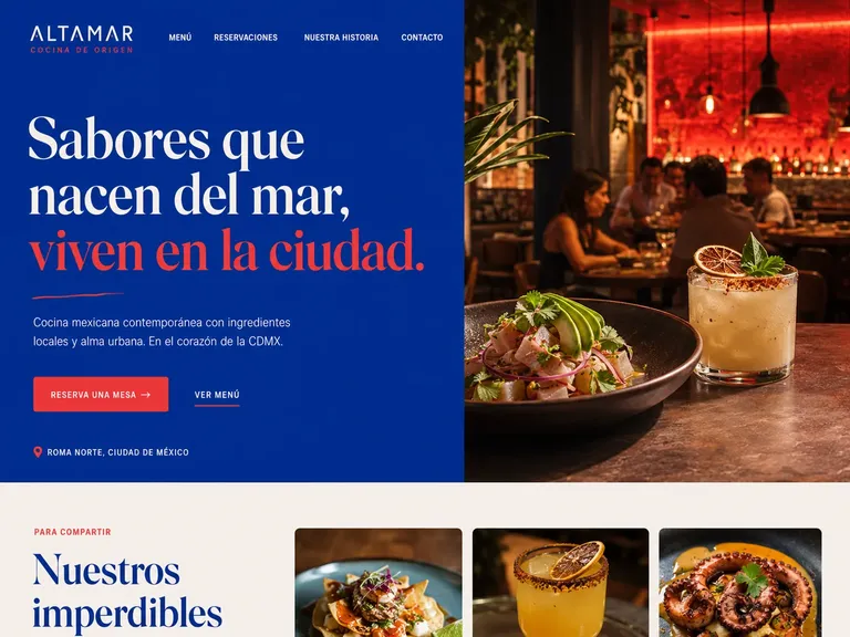 Ejemplo de diseño web restaurante contemporáneo azul con cocina mexicana, coctelería y fotografía nocturna