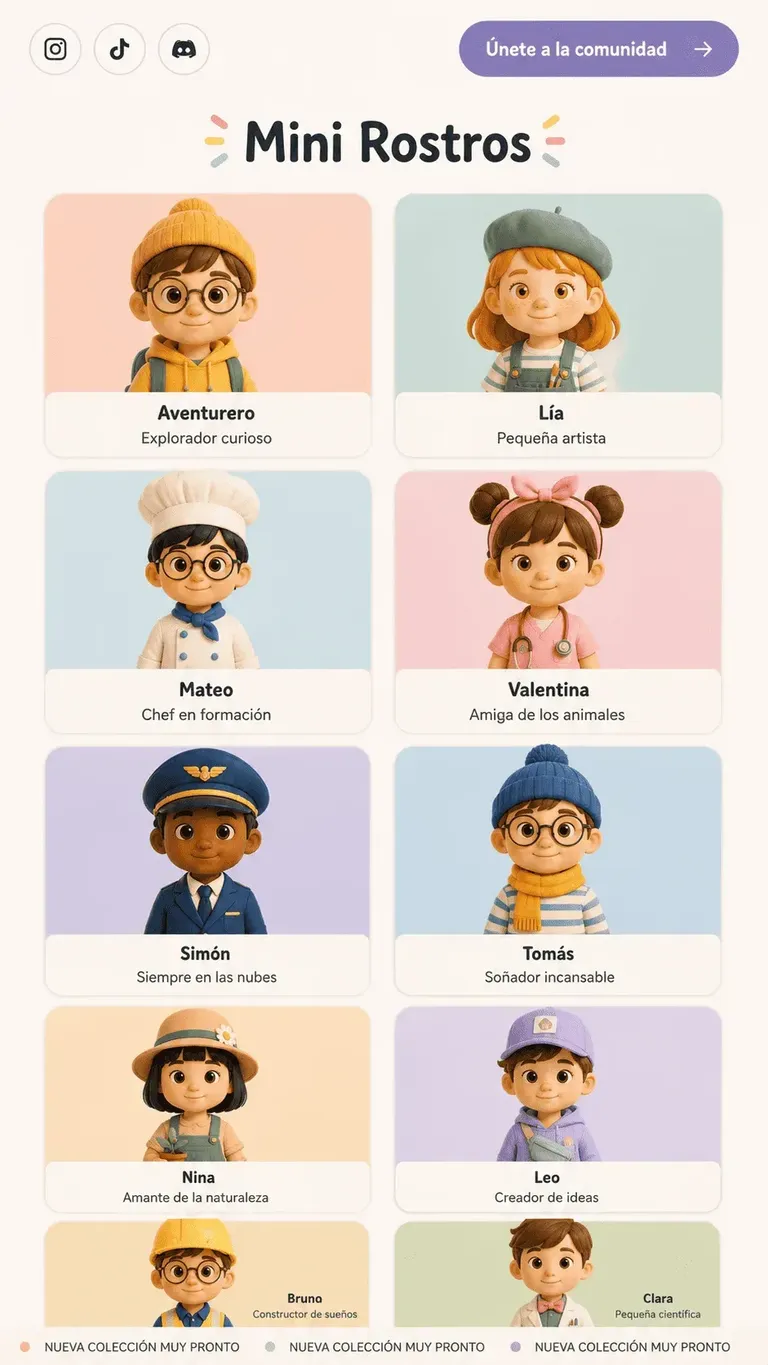 Ejemplo de diseño web catálogo ilustrado con personajes y tarjetas repetibles