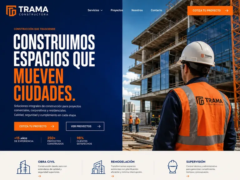 Ejemplo de diseño web constructora azul y naranja con trabajador protagonista y tipografía condensada