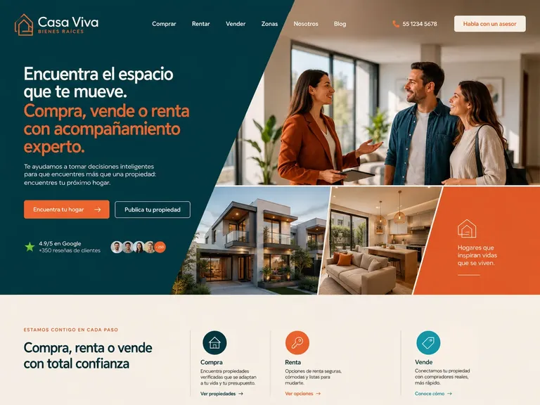 Agencia inmobiliaria verde petróleo y naranja