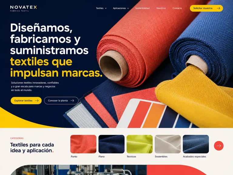 Ejemplo de diseño web proveedor textil azul marino con macro de telas, bloques de color y aplicaciones