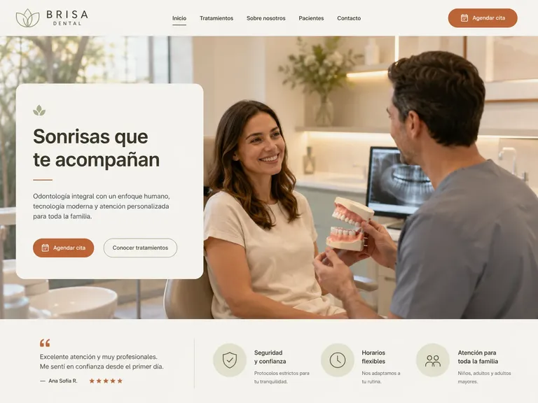 Ejemplo de diseño web dental cálido beige con consulta, ortodoncia y enfoque humano