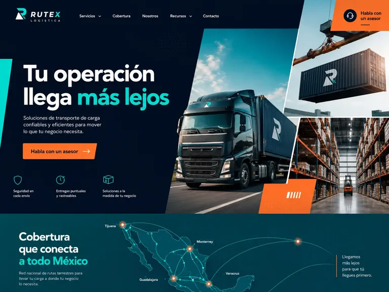 Ejemplo de diseño web logística azul petróleo y turquesa con collage de almacén y mapa de cobertura