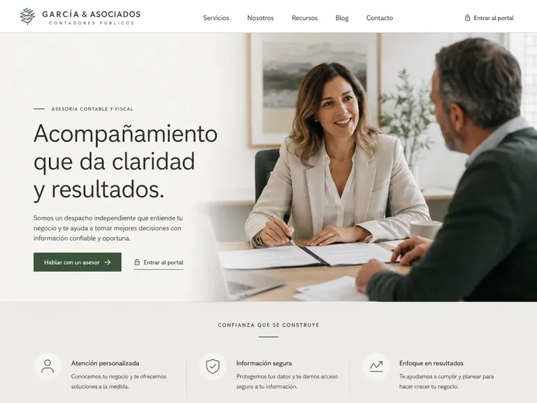 Ejemplo de diseño web asesoría contable y fiscal blanca con conversación cercana y beneficios