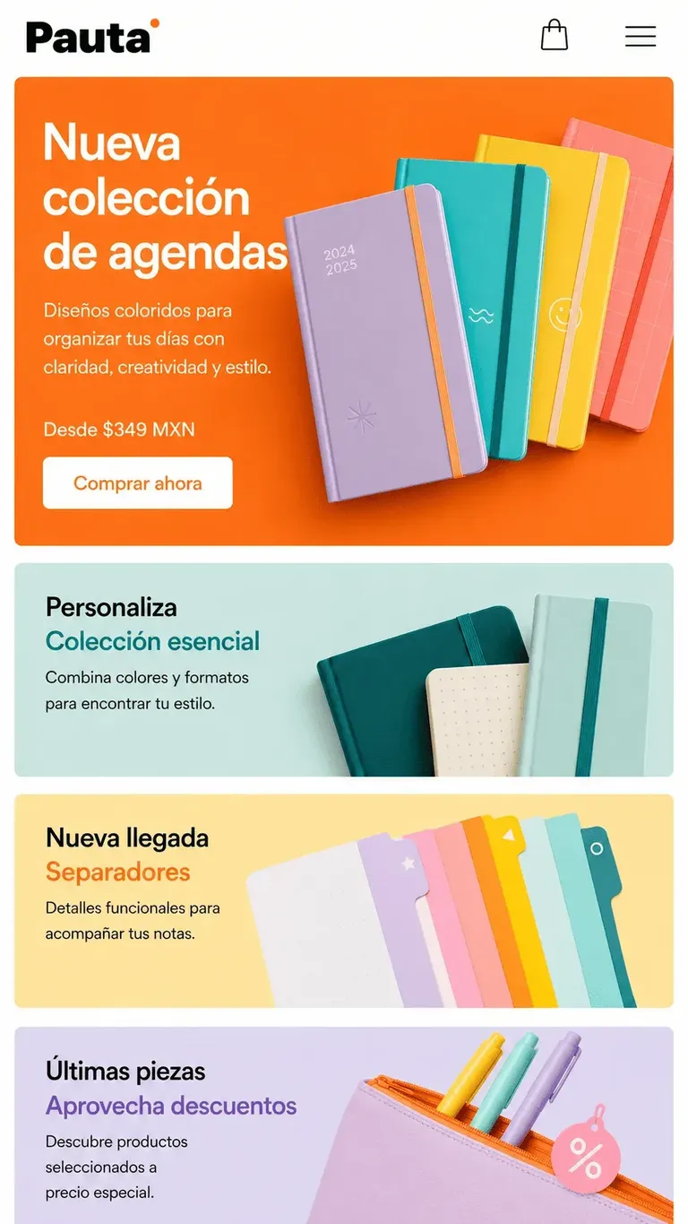 Ejemplo de diseño web producto colorido con grid comercial y tarjetas