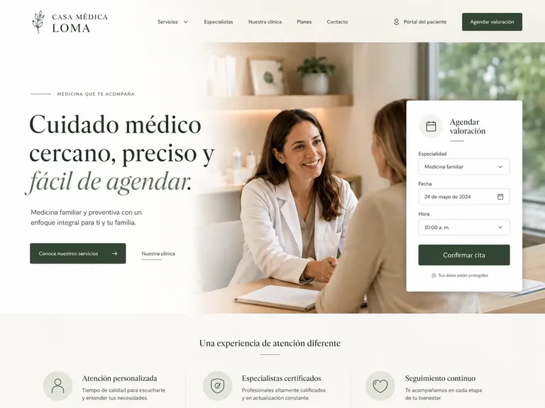 Ejemplo de diseño web consultorio médico beige y verde con doctora, formulario de cita y narrativa cercana