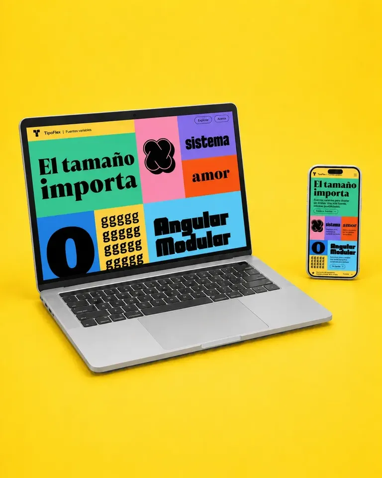 Ejemplo de diseño web experimental tipográfico con bloques de color