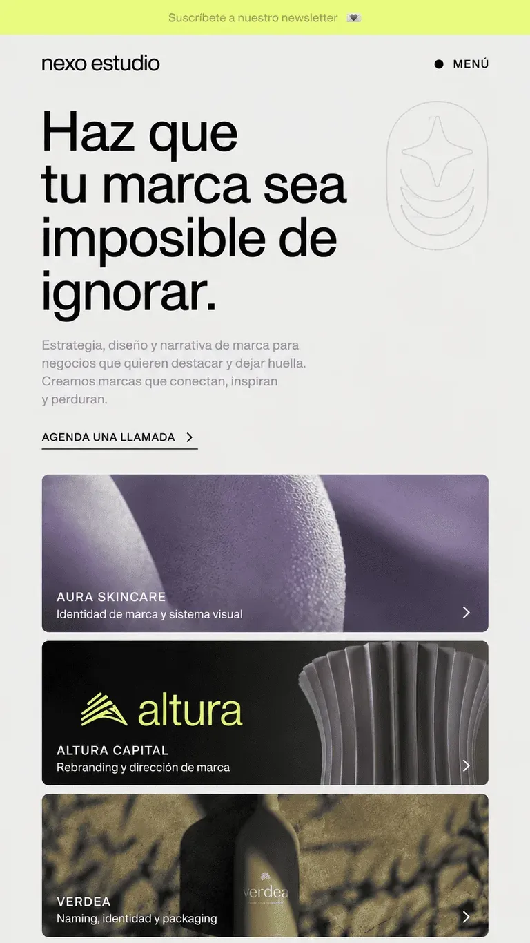 Ejemplo de diseño web marketing/branding con frase fuerte y bloques de color suaves