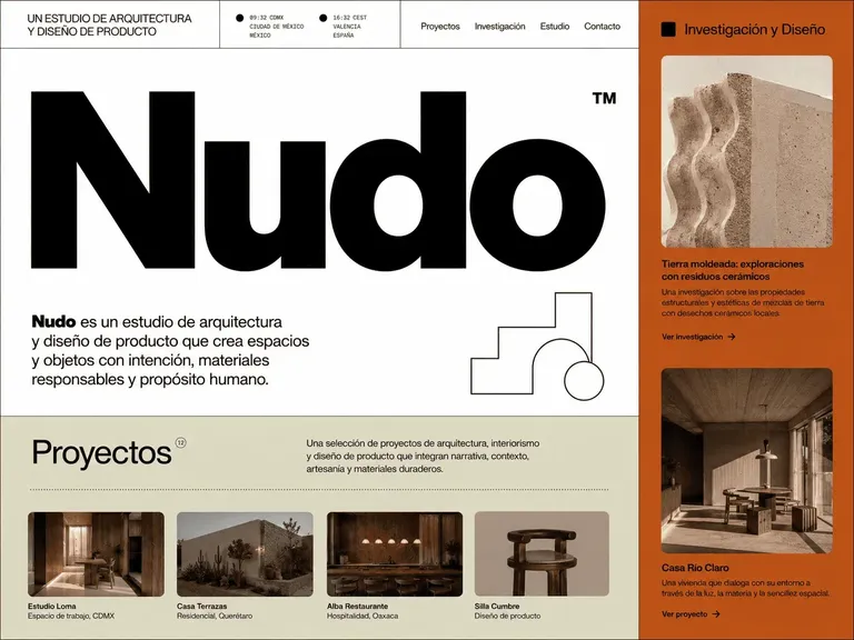 Ejemplo de diseño web editorial de diseño interior con composición asimétrica y acento terracota