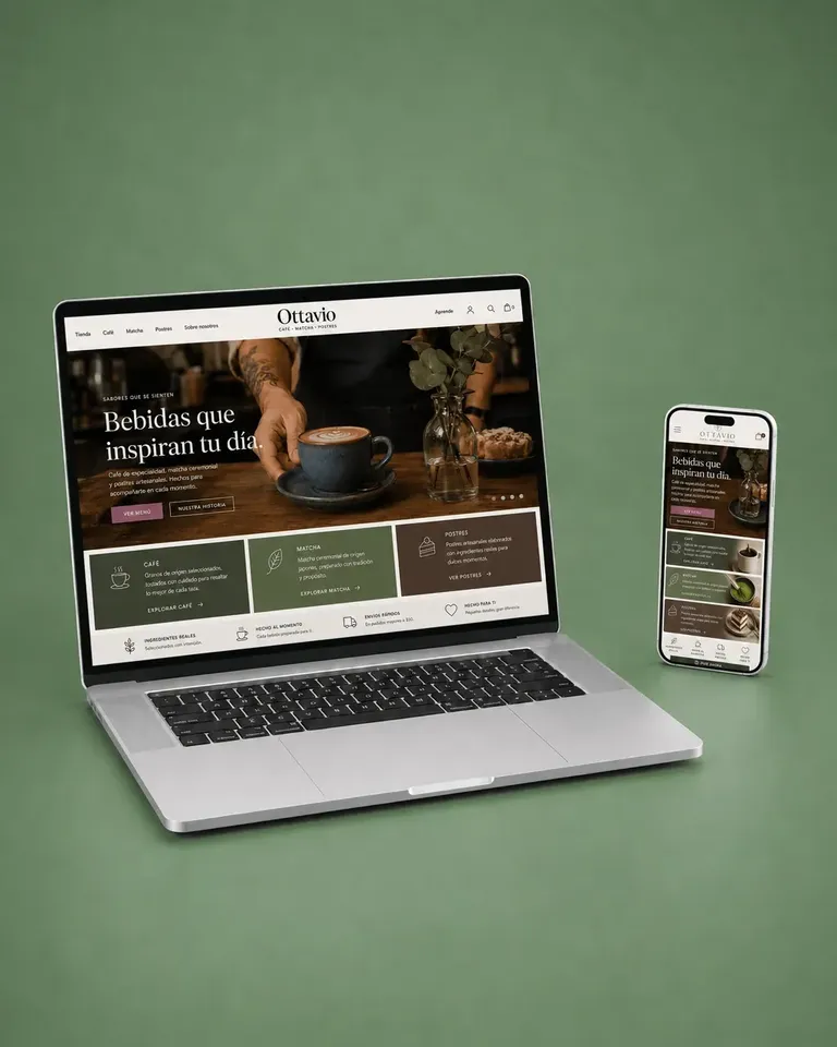 Ejemplo de diseño web café con hero fotográfico y bloques de información