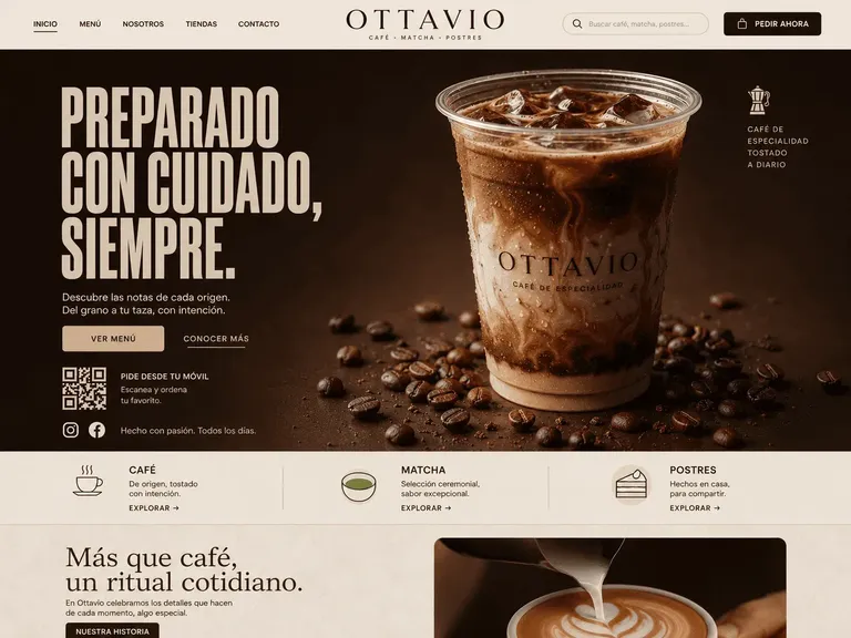 Ejemplo de diseño web bebida fría con tipografía bold y composición editorial